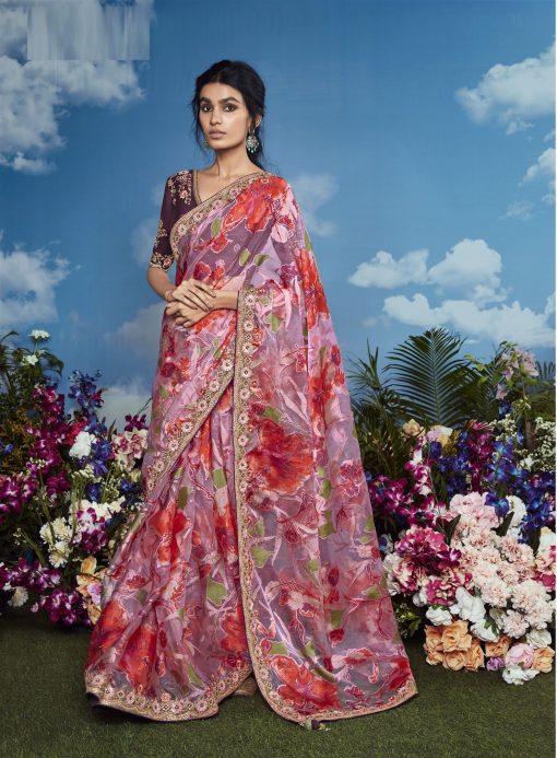 Brown & Purple Color Beautiful Flower Print Embroidery Saree
