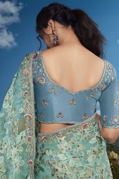 Alternative view of Sky Blue Color Beautiful Flower Print Embroidery Saree