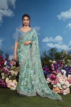 Sky Blue Color Beautiful Flower Print Embroidery Saree