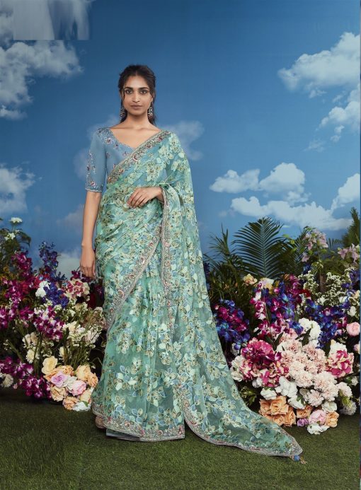 Sky Blue Color Beautiful Flower Print Embroidery Saree