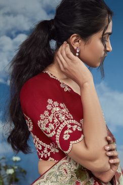 Alternative view of Red & Green Color Beautiful Flower Print Embroidery Saree