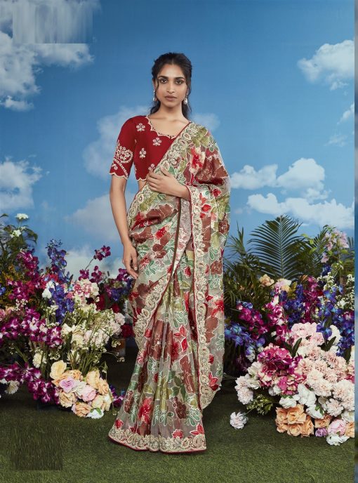 Red & Green Color Beautiful Flower Print Embroidery Saree