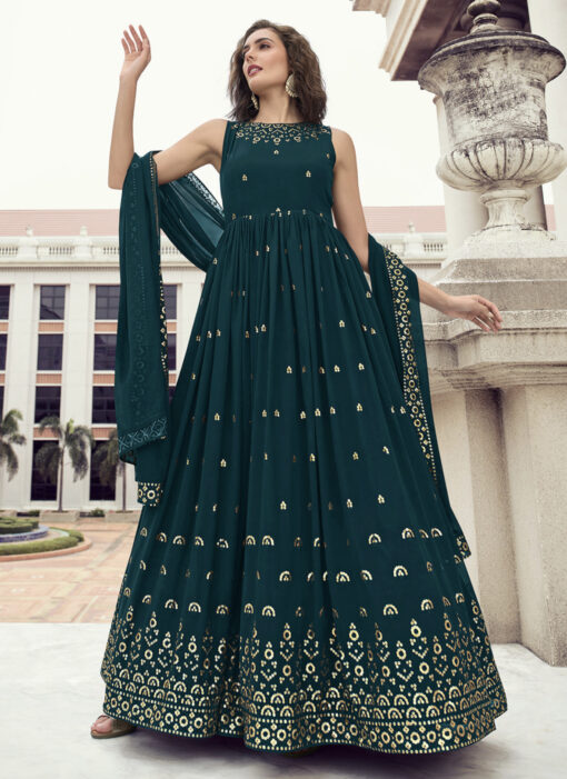 Teal Embroidered Floor Length Anarkali Gown