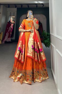 Jacquard Silk Paithani Dress Embodies Timeless Elegance in orange color