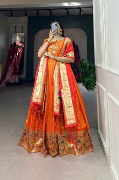 Alternative view of Jacquard Silk Paithani Dress Embodies Timeless Elegance in orange color