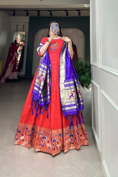 Jacquard Silk Paithani Dress Embodies Timeless Elegance in Red color