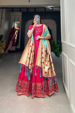 Alternative view of Jacquard Silk Paithani Dress Embodies Timeless Elegance in pink color