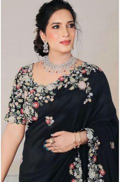 Alternative view of Black Color Gerogette Silk Saree With Multi Color Thread Work