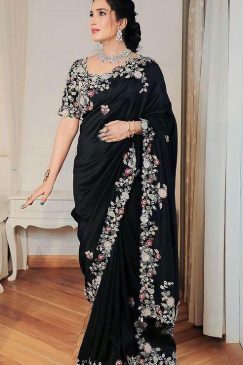 Black Color Gerogette Silk Saree With Multi Color Thread Work