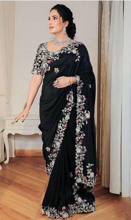 black georgette saree with contrast blouse