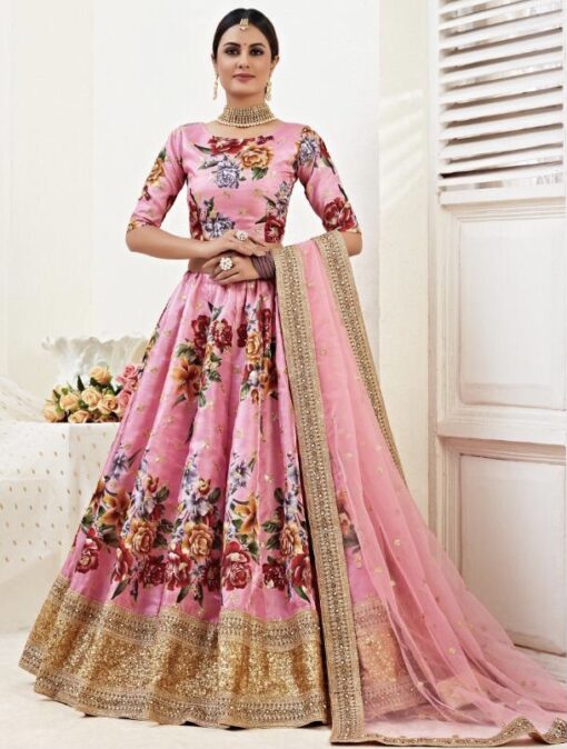 Pink Floral Print Banglori Lehenga Choli