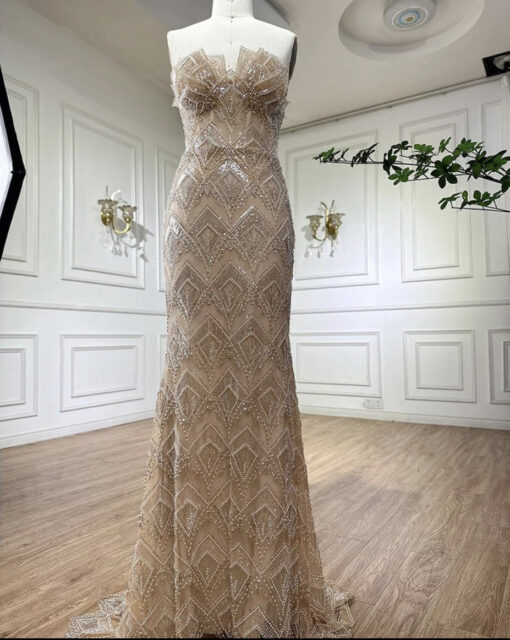 Long strapless camisole evening gown fashionable pearl party gown main image 0