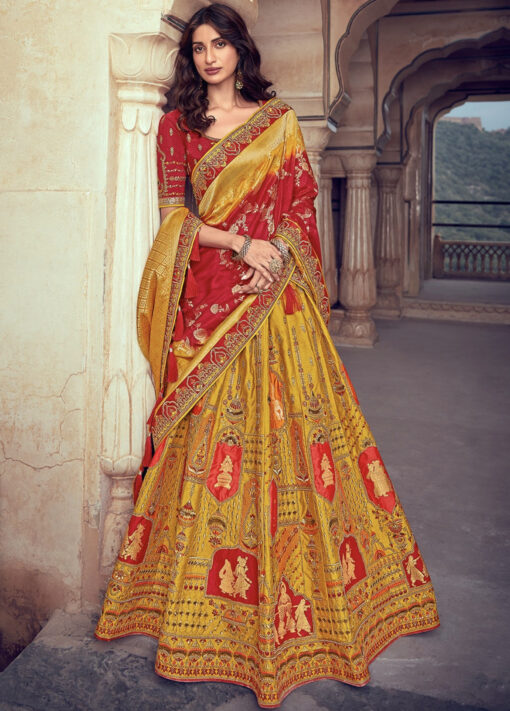 Yellow Woven Silk Embroidered Bridal Lehenga Choli