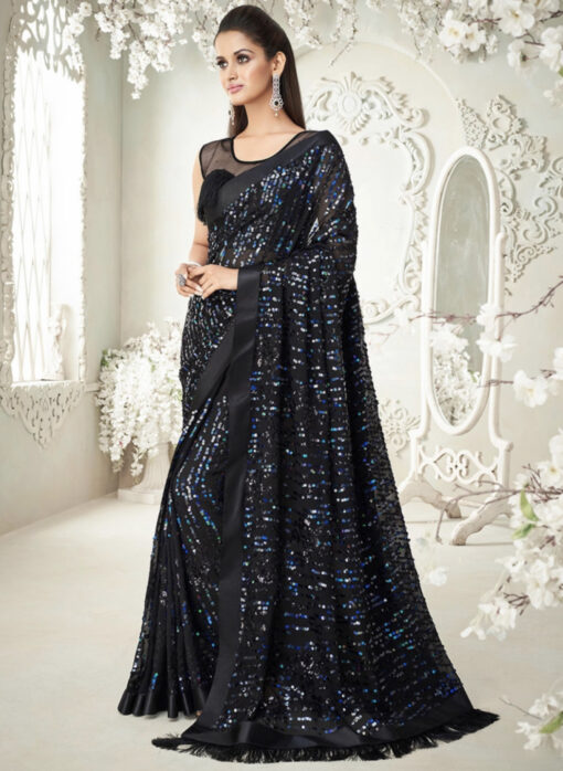 Black Fancy Saree With Fringe Detail