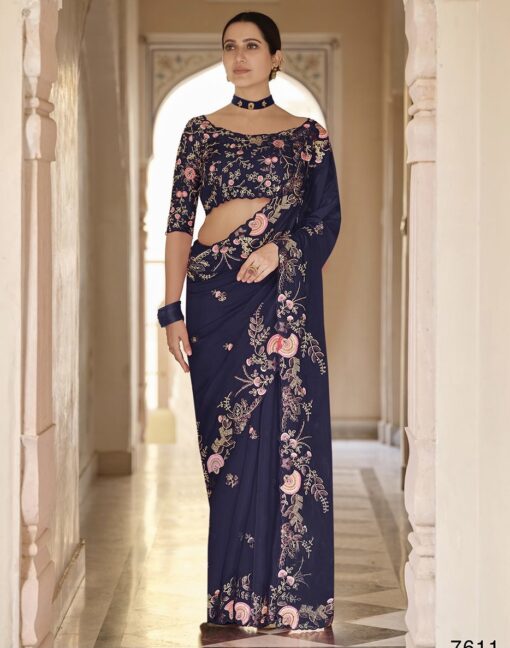 Navy Blue Organza Wedding Saree
