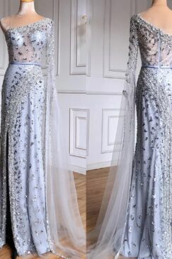 Alternative view of Heavily Embellished Grey One Shoulder Drape Evening Dress