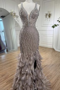 Luxury Feathered Plunge Neck Embellished Evening Dress