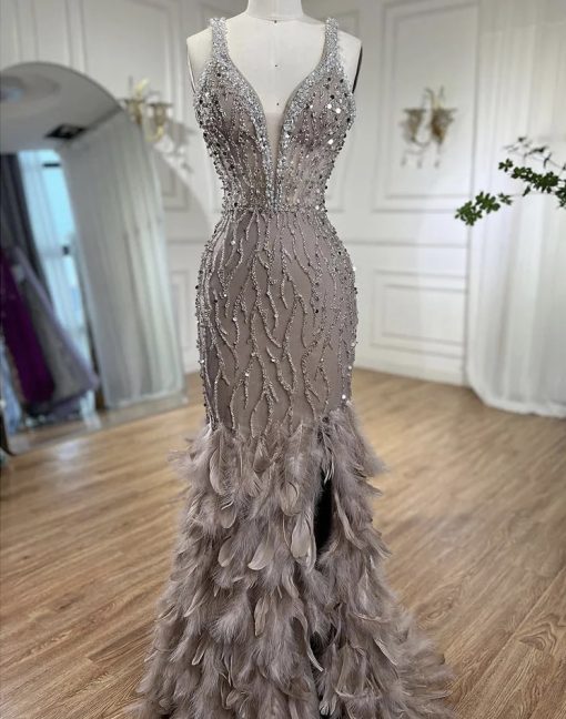 Luxury Feathered Plunge Neck Embellished Evening Dress