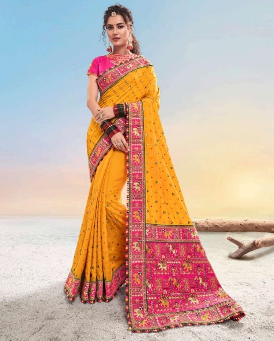 Mustard Heavy Mirror & Diamond Work Bridal Saree Sarees Designer Collection