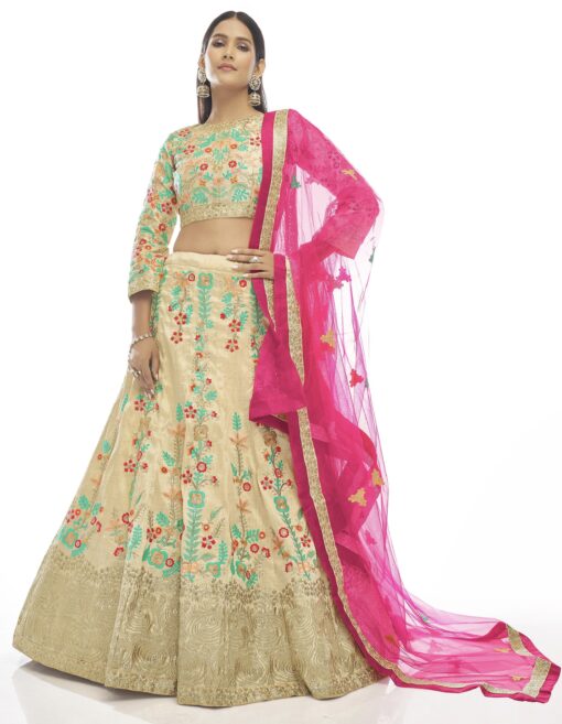Cream Art Silk Lehenga Choli