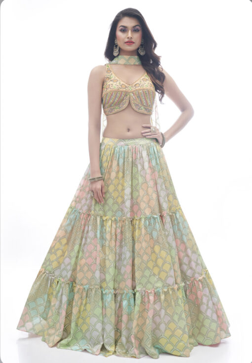 Multicoloured Chinon Silk Lehenga Choli