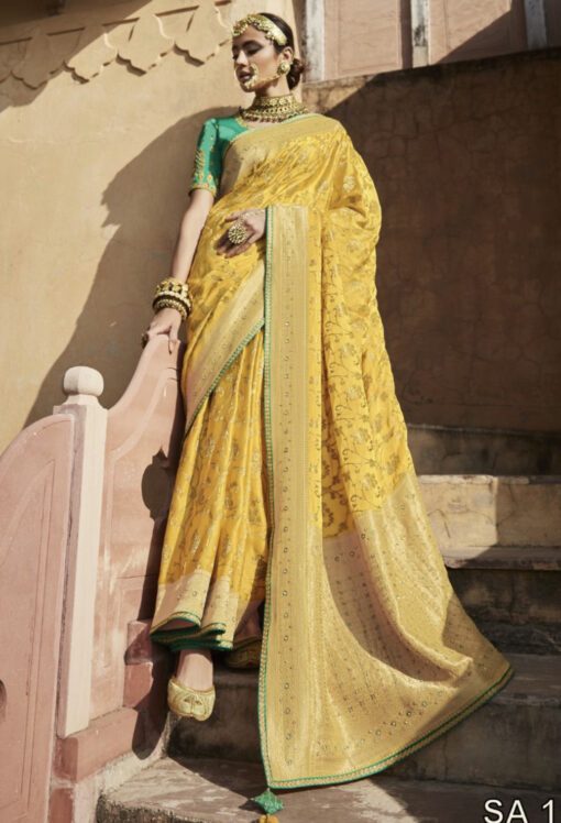 Yellow Soft Satin Silk Embroidered Saree