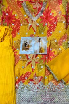 Yellow color haldi function dress In Chinon Fabric