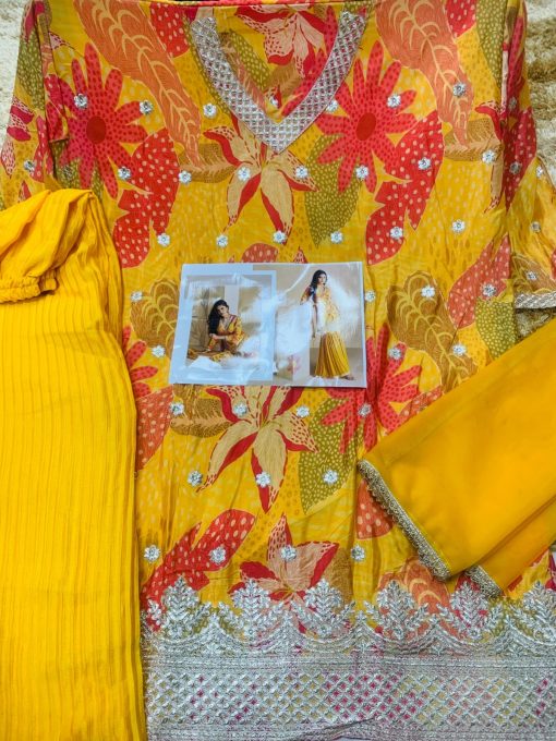 Yellow color haldi function dress In Chinon Fabric