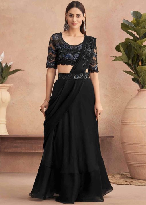 Black Lehenga Style Saree With Belt