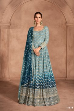 Designer Partywear Dress in Georgette Fabric in blue color