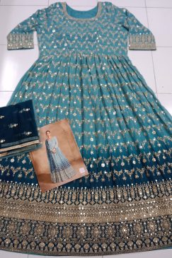 Alternative view of Designer Partywear Dress in Georgette Fabric in blue color