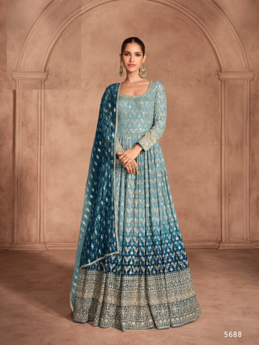 Designer Partywear Dress in Georgette Fabric in blue color