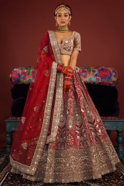 Ravishing Red Velvet Embroidered Bridal Lehenga Choli