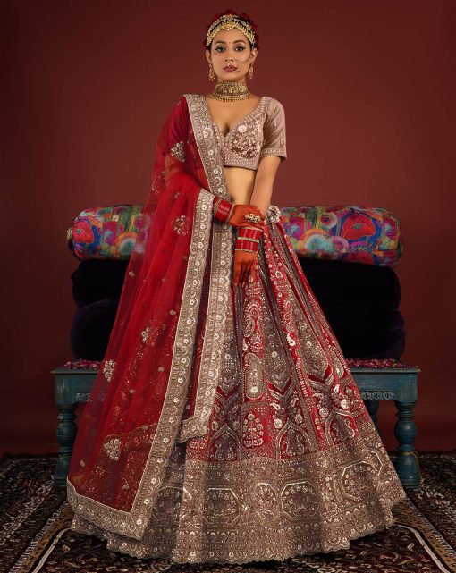 Ravishing Red Velvet Embroidered Bridal Lehenga Choli