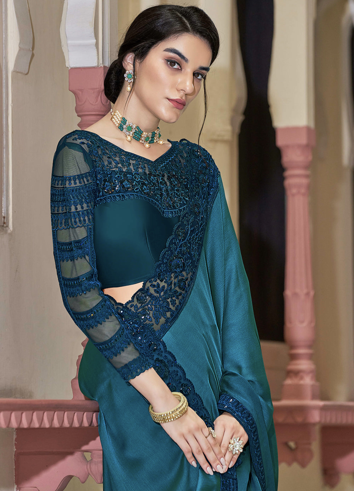 Turquoise Sequence Party Wear Saree - Sarees Designer Collection