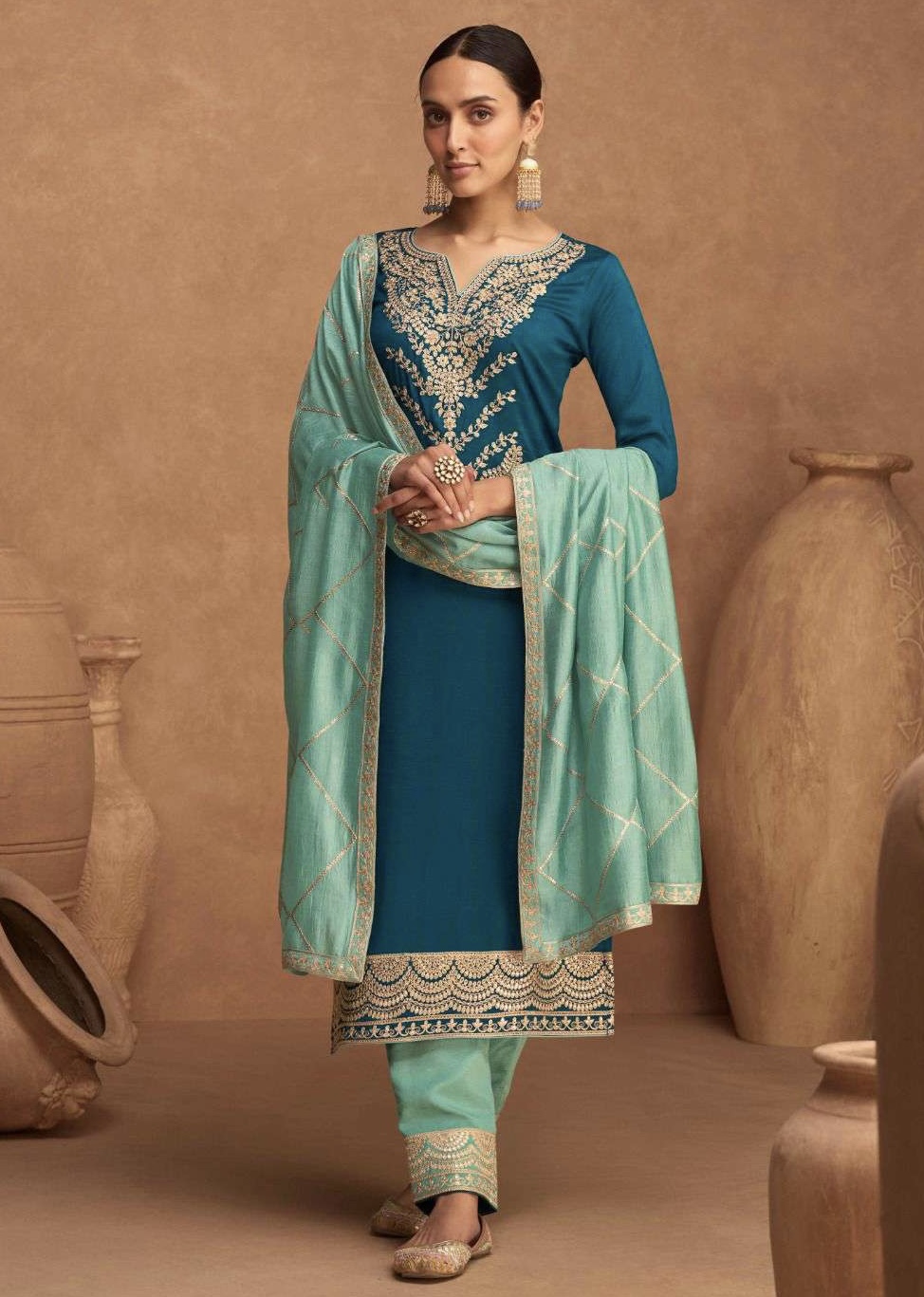 Blue Silk Straight Cut Trouser Suit - Salwar Kameez Designer Collection