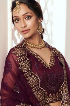Alternative view of Wine Embroidered Net Bridal Lehenga Choli