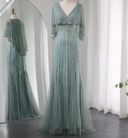 Luxury Modest Embellished Cape Sleeve Evening Dress