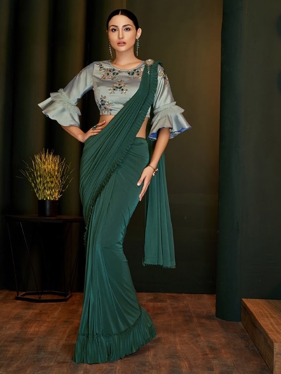 Green Party Wear Pleated Frill Sleeve Saree Sarees Designer