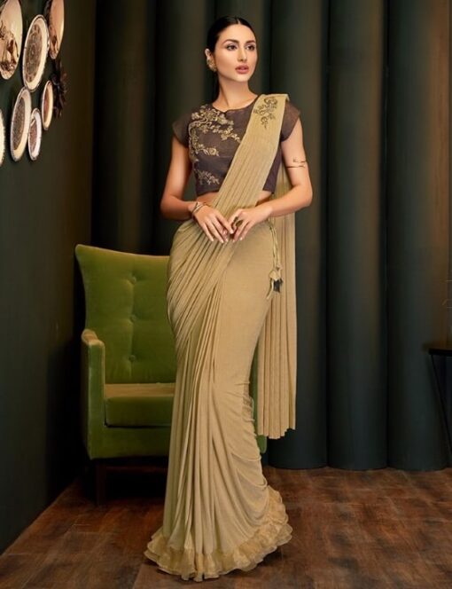 Light Brown Party Wear Pleated Wrap Saree - Sarees Designer Collection