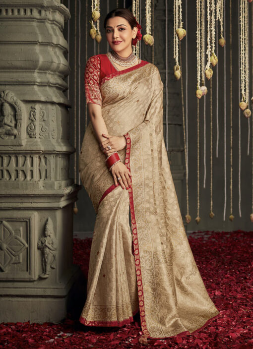 Beige Silk Embroidered Sangeet Saree