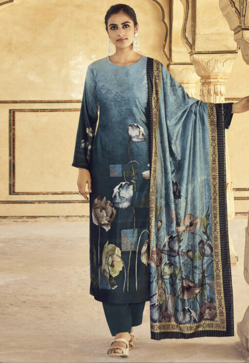 Blue Velvet Straight Cut Pant Suit Salwar Kameez Designer Collection