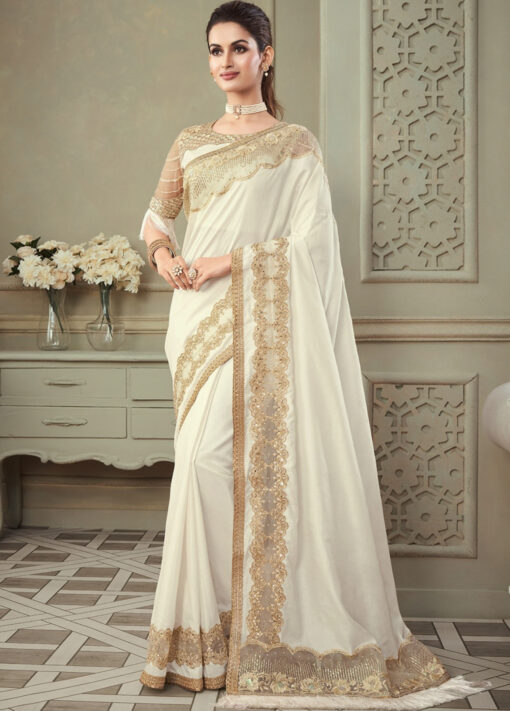 Off White Fancy Silk Saree With Fringe Detail