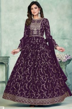 Alternative view of Wine Abaya Style Embroidered Anarkali Suit