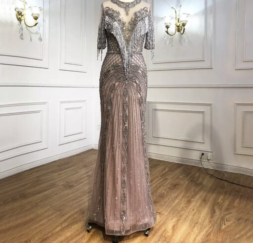 Nude Pink Heavy Beaded tassel Evening Gown