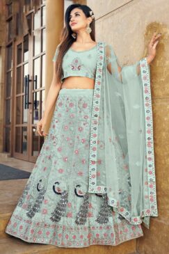 Blue Embroidered Net Party Wear Lehenga Choli