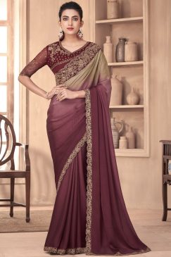 Shaded Pink Embroidered Border Party Wear Saree