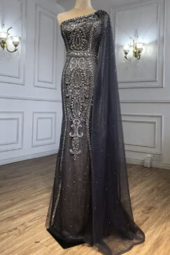 Grey One Shoulder Mermaid Sequinned Evening Dress
