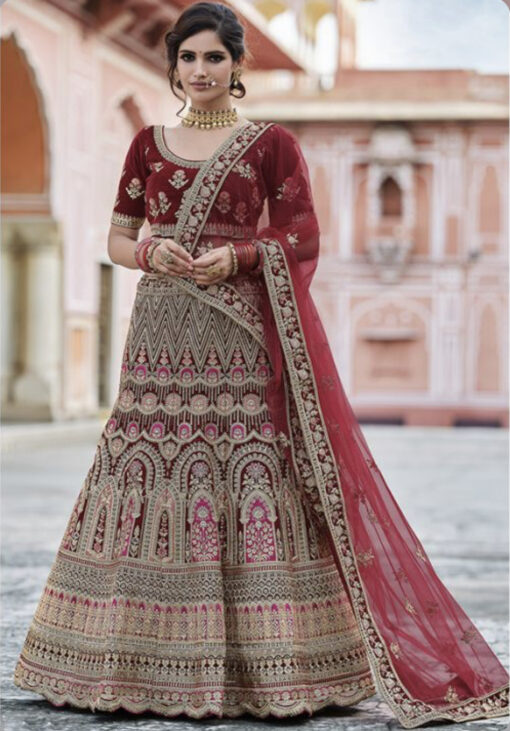 Maroon Velvet Bridal Lehenga Choli