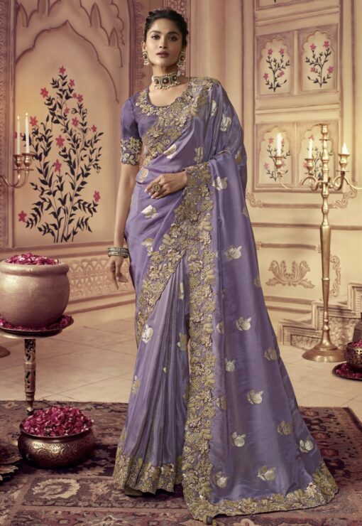 Purple Fancy Silk Wedding Party Wear Saree